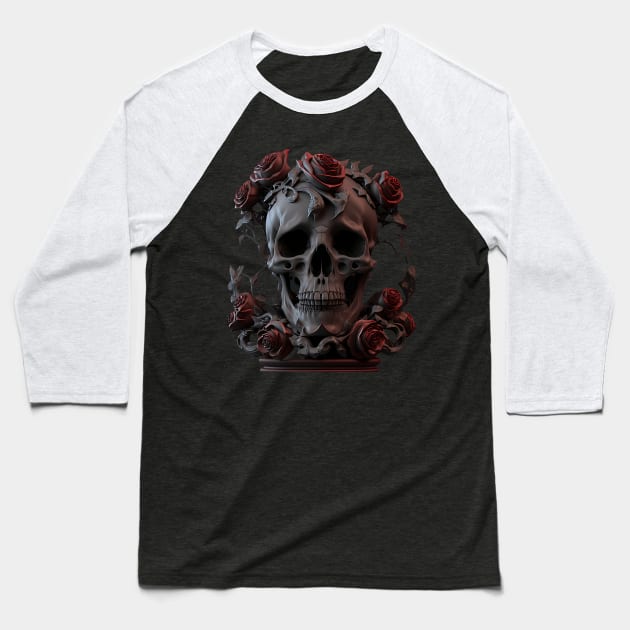 Skull & Roses Baseball T-Shirt by AI INKER
